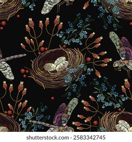 Embroidery. Dragonflies and nest with eggs. Seamless pattern. Autumn style. Fashion art, template for design of clothes, t-shirt