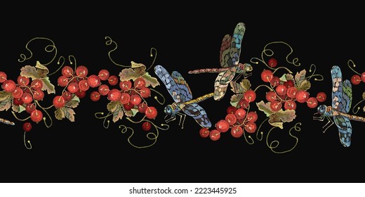 Embroidery. Dragonflies, roses flowers and red currant. Horizontal seamless pattern. Autumn garden style. Template fashionable clothes, t-shirt design