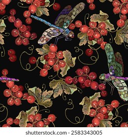 Embroidery. Dragonflies, roses flowers and red currant. Seamless pattern. Autumn garden style. Template for clothes, t-shirt design
