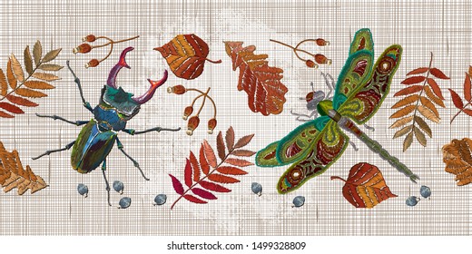 Embroidery. Dragonfly and beetle deer. Autumn forest seamless pattern. Template for clothes 