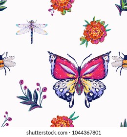 Embroidery dragonfly, tropical butterfly, funny bee, marigolds, peony flower, berry branch, insects patch. Fashion patches with summer wild nature illustration embroideries. Seamless pattern backdrop.