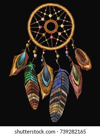 Embroidery dream catcher boho native american indian talisman dreamcatcher. Clothes ethnic tribal design. Magic tribal feathers. Fashionable template for design of clothes 