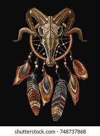 Embroidery dreamcatcher and skull bull. Tribal art. Esoteric symbol, boho design. Embroidery native american dreamcatcher and bison skull. Template t-shirt design, clothes 