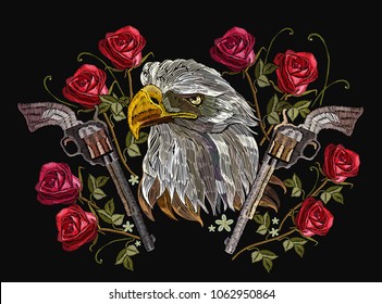 Embroidery eagle head, crossed guns and roses. Symbol of romanticism and crime. Template for clothes, textiles, t-shirt design. Classical embroidery white eagle, revolvers and spring roses
