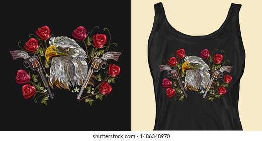 Embroidery eagle head, crossed guns and roses. Symbol of romanticism and crime. Trendy apparel design. Template for fashionable clothes, textile, modern print for t-shirts