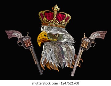 Embroidery eagle head, guns and crown. Symbol of romanticism and crime. Template for clothes, textiles, t-shirt design