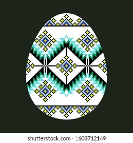 Embroidery Easter Egg. Egg with ornament like handmade cross-stitch ethnic Ukraine pattern. Template for gift card, brochure, flyer, magazine cover. Easter, pixel art, flat design