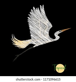 Embroidery of elements for design with heron, crane.  Colored vector illustration. Isolated on black background.

