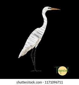 Embroidery of elements for design with heron, crane.  Colored vector illustration. Isolated on black background.

