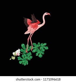 Embroidery of elements for design with tropical plants and bird.  Colored vector illustration. Isolated on black background.

