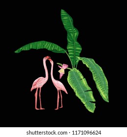 Embroidery of elements for design with tropical plants and bird.  Colored vector illustration. Isolated on black background.

