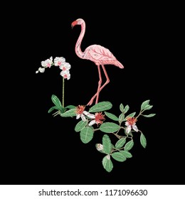Embroidery of elements for design with tropical plants and bird.  Colored vector illustration. Isolated on black background.


