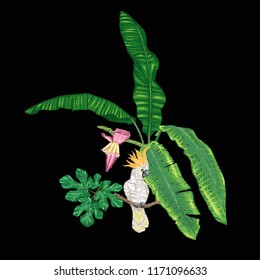 Embroidery of elements for design with tropical plants and bird.  Colored vector illustration. Isolated on black background.

