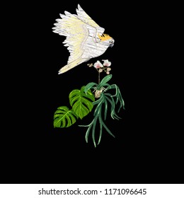 Embroidery of elements for design with tropical plants and bird.  Colored vector illustration. Isolated on black background.

