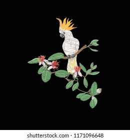 Embroidery of elements for design with tropical plants and bird.  Colored vector illustration. Isolated on black background.

