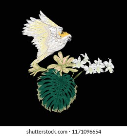Embroidery of elements for design with tropical plants and bird.  Colored vector illustration. Isolated on black background.


