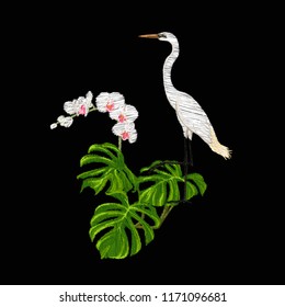 Embroidery of elements for design with tropical plants and bird.  Colored vector illustration. Isolated on black background.

