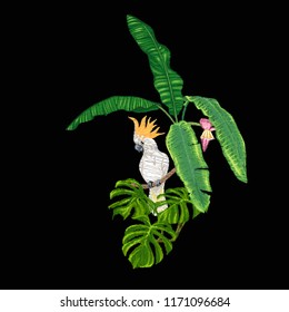 Embroidery of elements for design with tropical plants and bird.  Colored vector illustration. Isolated on black background.


