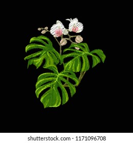 Embroidery of elements for design with tropical plants.  Colored vector illustration. Isolated on black background.

