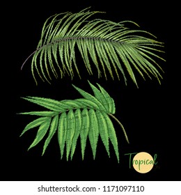Embroidery of elements for design with tropical plants.  Colored vector illustration. Isolated on black background.

