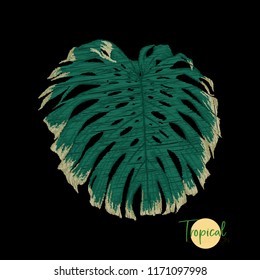 Embroidery of elements for design with tropical plants.  Colored vector illustration. Isolated on black background.