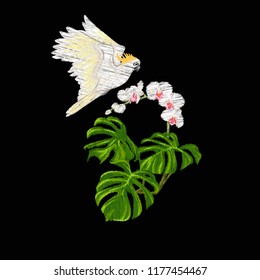 Embroidery of elements for design with tropical plants and bird.  Colored vector illustration. Isolated on black background.

