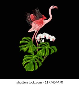 Embroidery of elements for design with tropical plants and bird.  Colored vector illustration. Isolated on black background.

