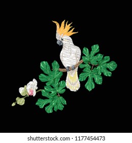 Embroidery of elements for design with tropical plants and bird.  Colored vector illustration. Isolated on black background.

