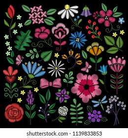 Embroidery elements. Flowers, leaves, dragonflies, butterflies embroidered on black background. Floral motifs for creating handmade design.Fashion design. Vector embroidered illustration.