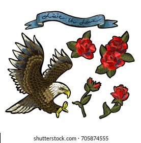 Embroidery elements with roses and an eagle-symbol of freedom. Vector patch  illustration.