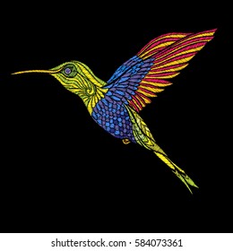 Embroidery. Embroidered design element - bird - in vintage style on a black background. Stock vector illustration.
