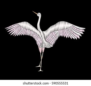 Embroidery. Embroidered design element - bird - crane - in vintage style on a black background. Stock vector illustration.
