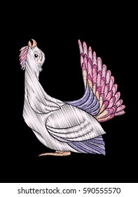 Embroidery. Embroidered design element - bird - in vintage style on a black background. Stock vector illustration.