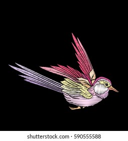Embroidery. Embroidered design element - bird - in vintage style on a black background. Stock vector illustration.