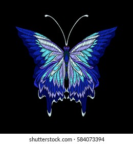 Embroidery. Embroidered design element butterfly - in vintage style on a black background. Stock vector illustration.