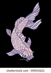 Embroidery. Embroidered design element - fish - carp - in vintage style on a black background. Stock vector illustration.