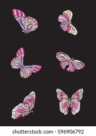 Embroidery. Embroidered design element- set of 6 butterflies - in vintage style on a black background. Stock vector illustration.