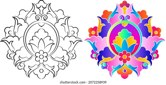 Embroidery. Embroidered design elements with flowers and leaves in vintage style on a white background. Stock vector illustration