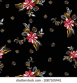 Embroidery. Embroidered design elements with flowers and leaves in vintage style on a black background. Stock vector illustration.