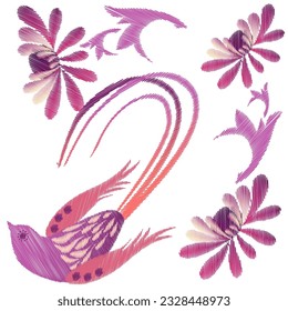 Embroidery. Embroidered design elements with flowers and birds in vintage style on a white background. Stock vector illustration.
