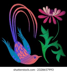 Bordados. Elementos de diseño bordados con flores y pájaros de estilo vintage sobre fondo negro. Ilustración vectorial de material.