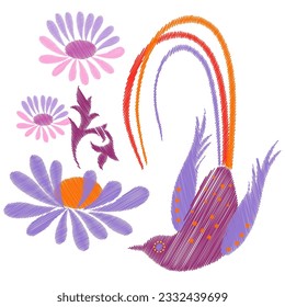 Embroidery. Embroidered design elements with flowers and birds in vintage style on a white background. Stock vector illustration.