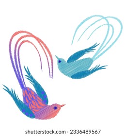 Embroidery. Embroidered design elements with flowers and birds in vintage style on a white background. Stock vector illustration.