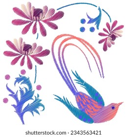 Embroidery. Embroidered design elements with flowers and birds in vintage style on a white background. Stock vector illustration.
