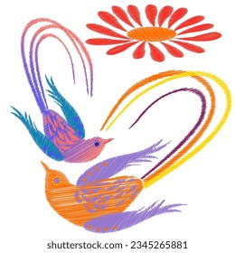 Embroidery. Embroidered design elements with flowers and birds in vintage style on a white background. Stock vector illustration.
