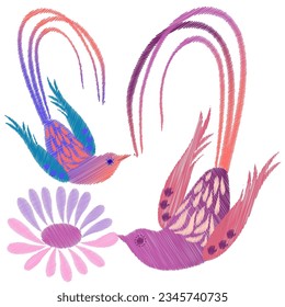 Embroidery. Embroidered design elements with flowers and birds in vintage style on a white background. Stock vector illustration.

