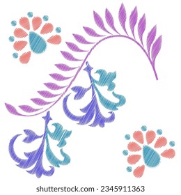 Embroidery. Embroidered design elements with flowers in vintage style on a white background.