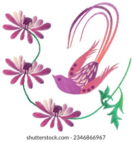 Bordados. Elementos de diseño bordados con flores y pájaros de estilo vintage sobre fondo blanco. Ilustración vectorial de material.
