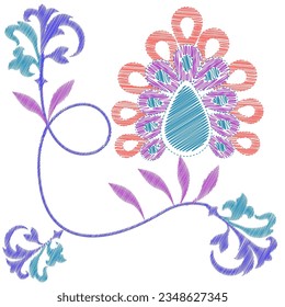 Embroidery. Embroidered design elements with flowers in vintage style on a white background.