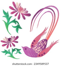 Embroidery. Embroidered design elements with flowers and birds in vintage style on a white background. Stock vector illustration.
